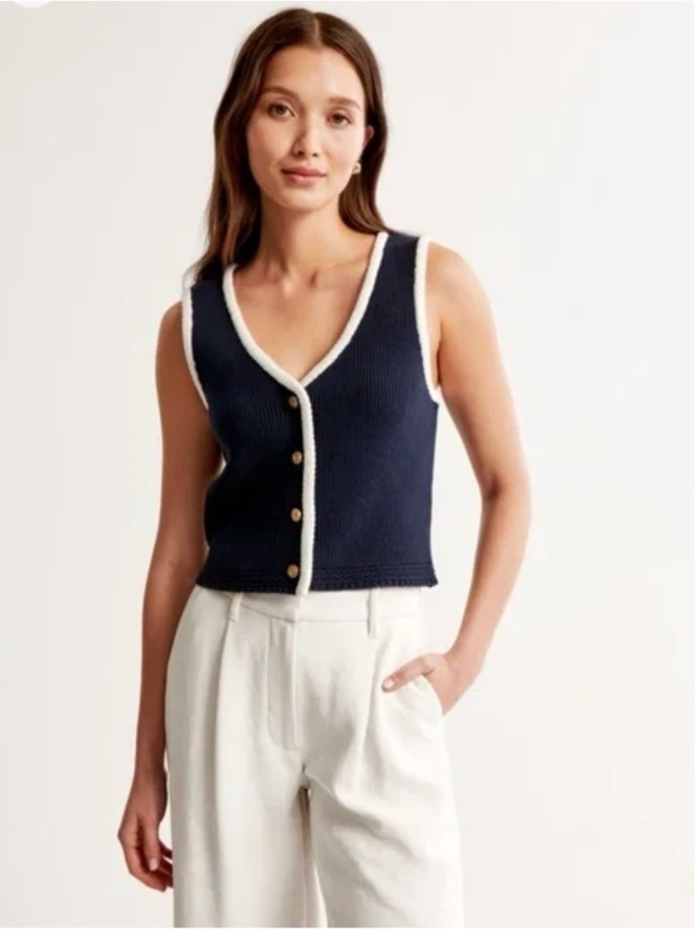 Abercrombie Knit Vest Top NWT XL Navy White Trim Button Front Preppy